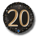 Globo redondo PartyStore de 18 pulgadas en negro con el numero 20 en dorado, decorado con estrellas y puntos