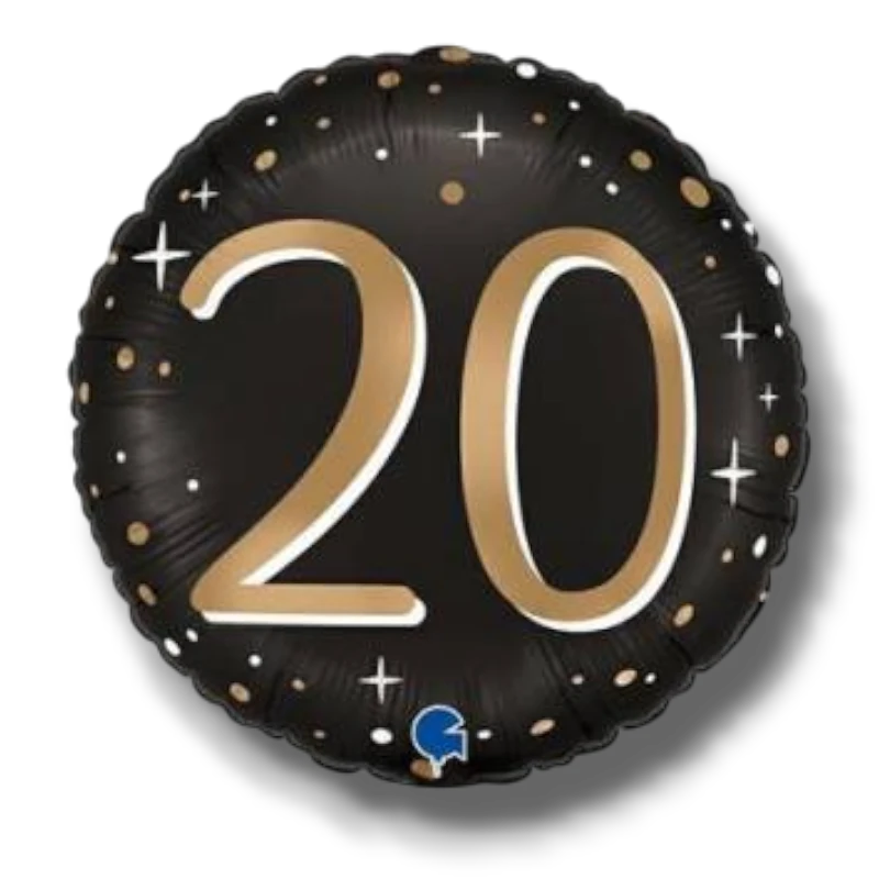 Globo redondo PartyStore de 18 pulgadas en negro con el numero 20 en dorado, decorado con estrellas y puntos