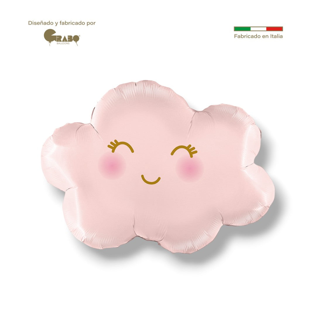 Globo de aluminio PartyStore en forma de nube color rosa pastel con cara sonriente y mejillas sonrosadas