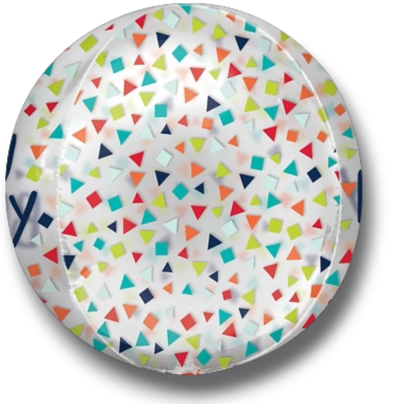 Globo esférico PartyStore Orbz con estampado de confeti colorido y formas geométricas para celebraciones