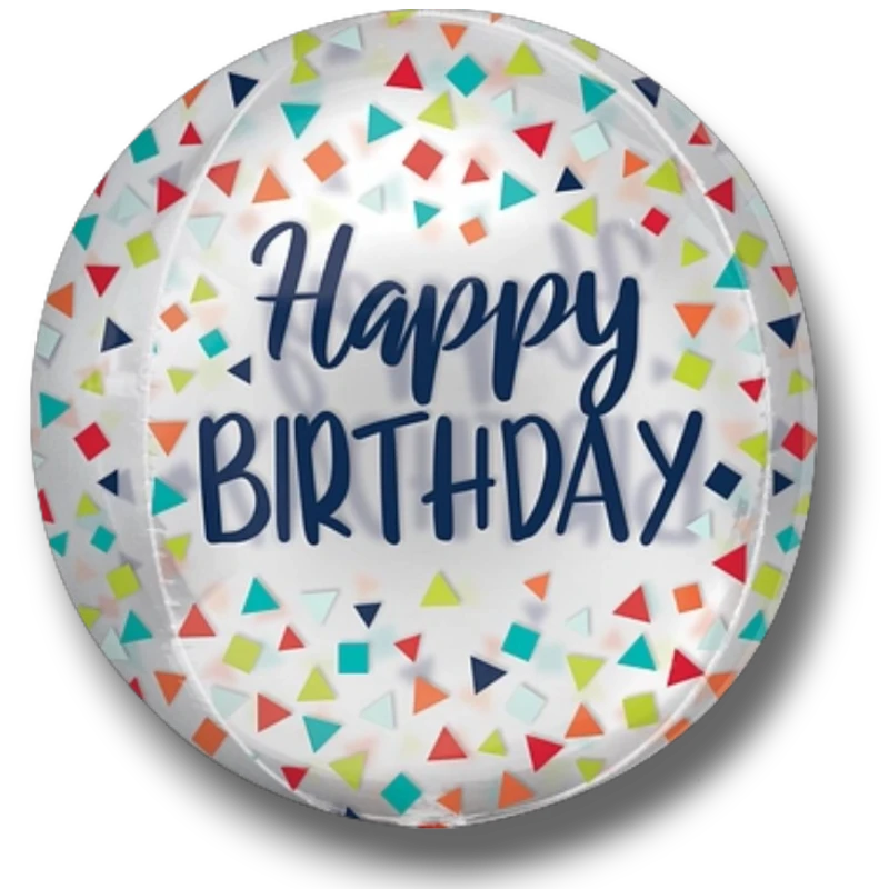 Globo Orbz PartyStore con diseño de confeti colorido y texto Happy Birthday en azul marino para celebraciones