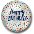 Globo Orbz PartyStore con diseño de confeti colorido y texto Happy Birthday en azul marino para celebraciones