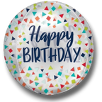 Globo Orbz PartyStore con diseño de confeti colorido y texto Happy Birthday en azul marino para celebraciones