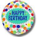 Globo PartyStore Orbz Crystal con diseño de confeti colorido y texto Happy Birthday en azul