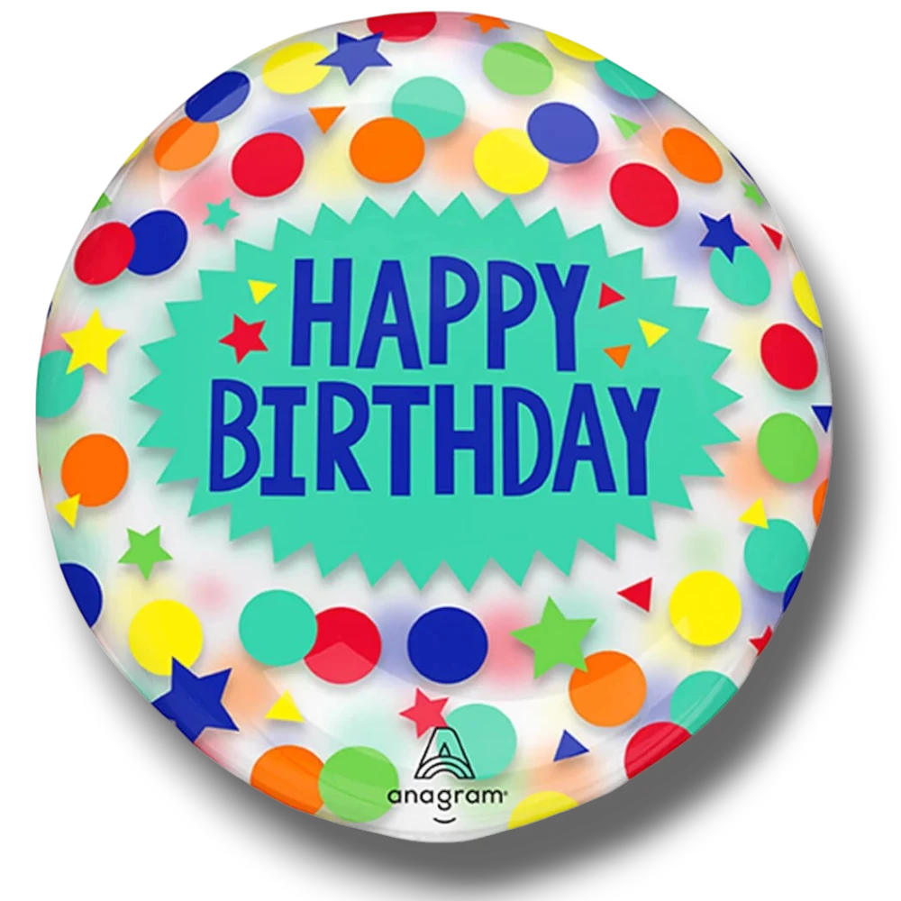 Globo PartyStore Orbz Crystal con diseño de confeti colorido y texto Happy Birthday en azul