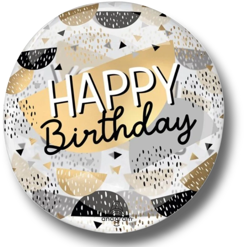 Globo Orbz Crystal HBD de PartyStore con diseño de formas geométricas en dorado, negro y blanco para cumpleaños