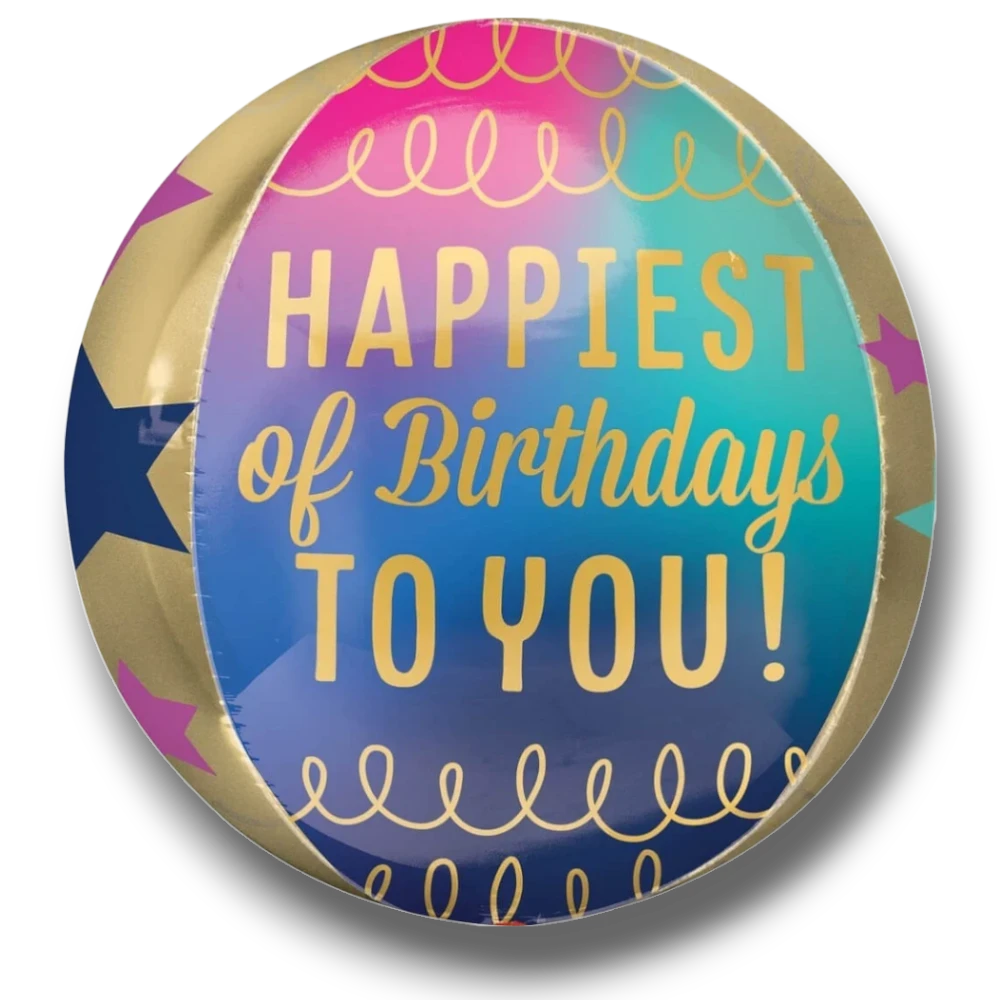 Globo redondo PartyStore Orbz con diseño de estrellas, colores degradados y texto dorado Happiest of Birthdays to You