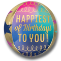 Globo redondo PartyStore Orbz con diseño de estrellas, colores degradados y texto dorado Happiest of Birthdays to You