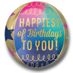 Globo redondo PartyStore Orbz con diseño de estrellas, colores degradados y texto dorado Happiest of Birthdays to You