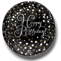 Globo esférico Orbz Sparkling Bday de PartyStore en negro con lunares dorados y plateados y texto Happy Birthday