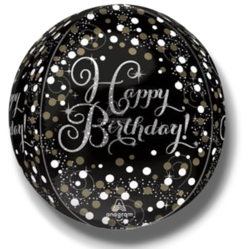 Globo esférico Orbz Sparkling Bday de PartyStore en negro con lunares dorados y plateados y texto Happy Birthday