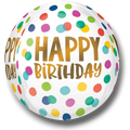 Globo esférico Orbz de PartyStore con estampado de puntos coloridos y texto Happy Birthday en letras doradas