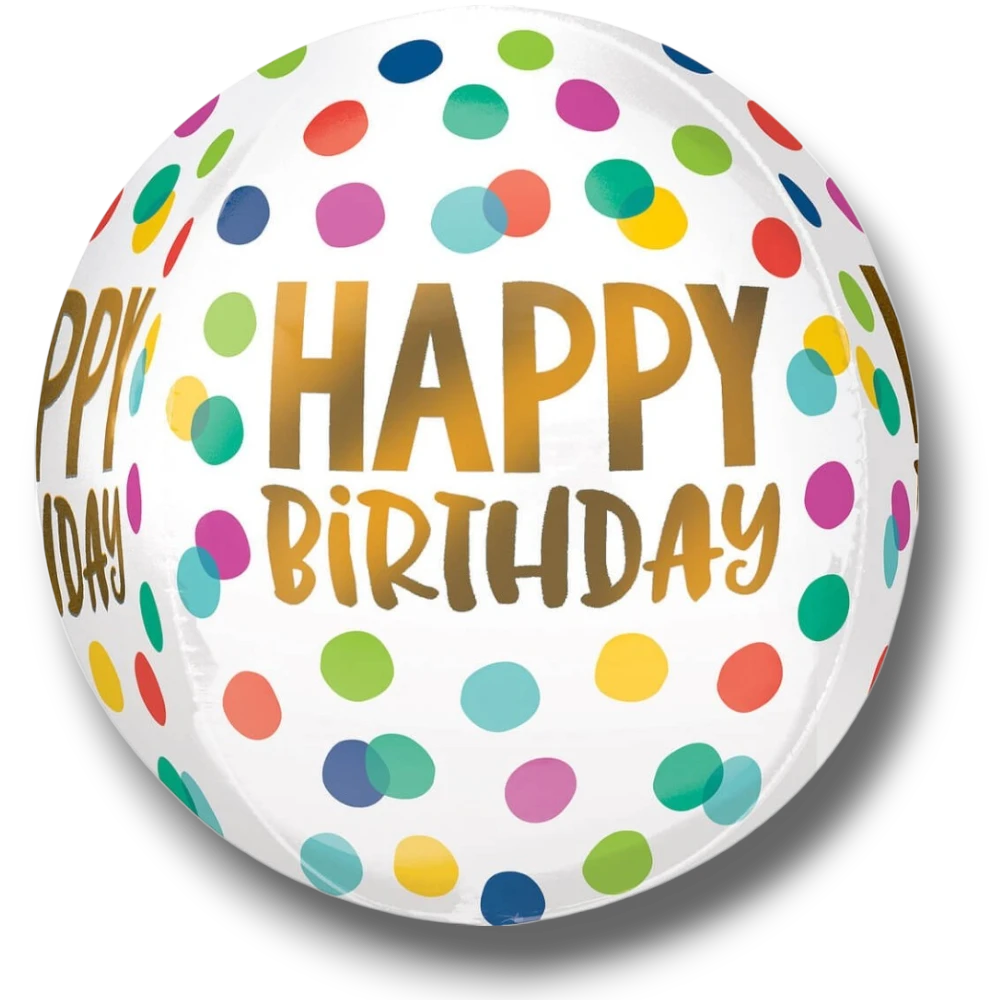Globo esférico Orbz de PartyStore con estampado de puntos coloridos y texto Happy Birthday en letras doradas