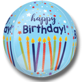 Globo esférico Orbz de PartyStore con diseño de feliz cumpleaños, velas coloridas y estrellas sobre fondo azul