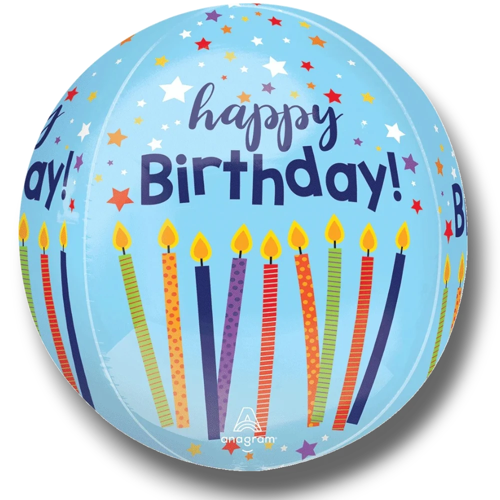 Globo esférico Orbz de PartyStore con diseño de feliz cumpleaños, velas coloridas y estrellas sobre fondo azul