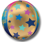 Globo esférico Orbz de PartyStore con diseño de estrellas coloridas sobre fondo dorado y texto de cumpleaños