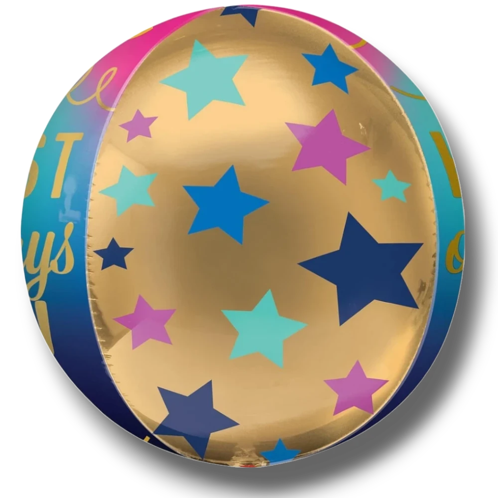Globo esférico Orbz de PartyStore con diseño de estrellas coloridas sobre fondo dorado y texto de cumpleaños