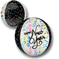 Globo esférico Orbz Happy New Year de PartyStore con diseño de confeti colorido y serpentinas sobre fondo blanco