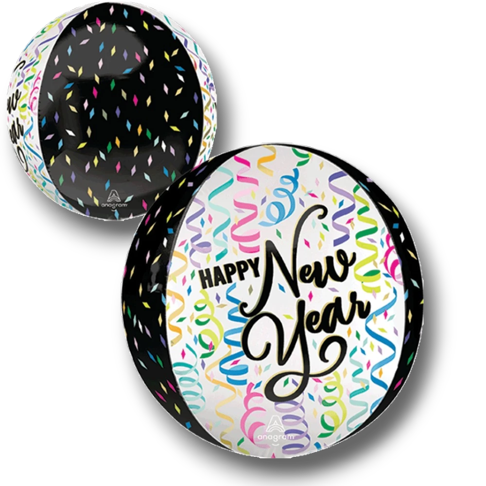 Globo esférico Orbz Happy New Year de PartyStore con diseño de confeti colorido y serpentinas sobre fondo blanco