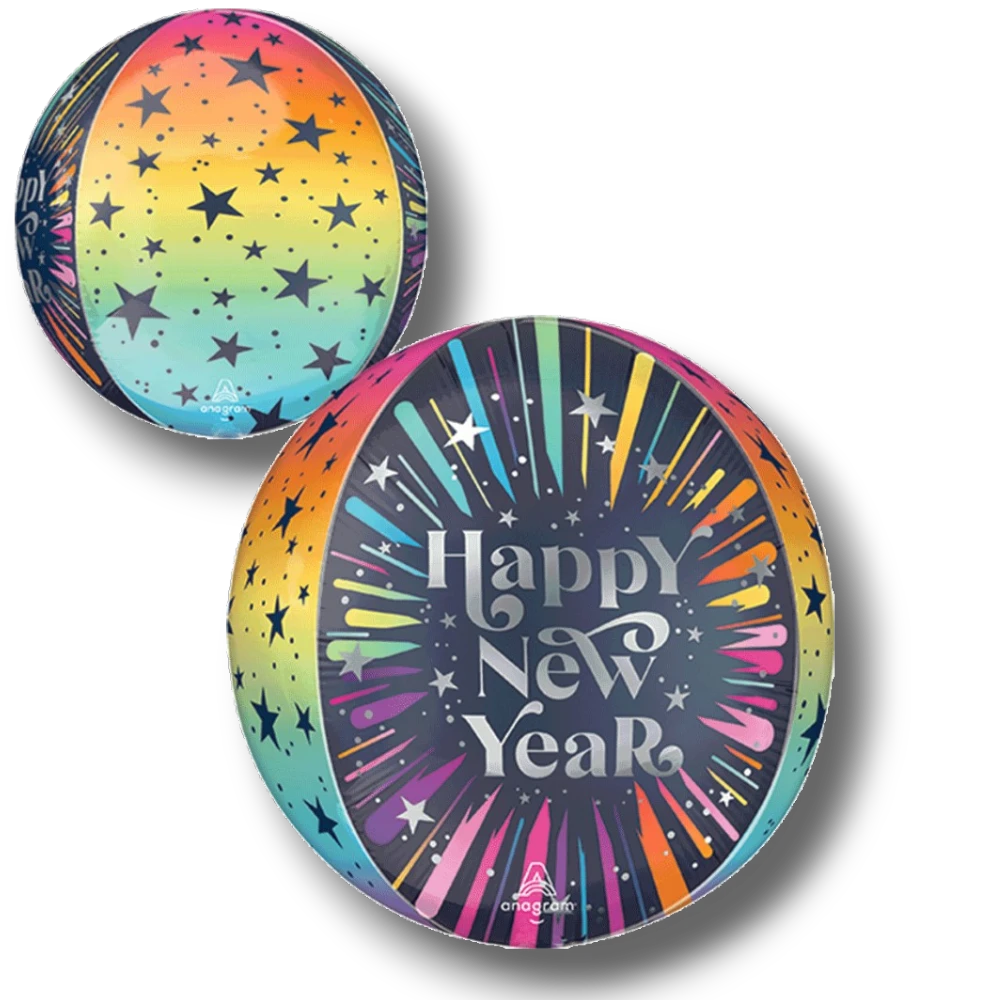 Globo esférico Orbz de PartyStore con diseño de fuegos artificiales, estrellas y texto Happy New Year multicolor