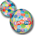 Globo esférico Orbz de PartyStore con diseño de globos coloridos y texto Happy Birthday para fiestas de cumpleaños