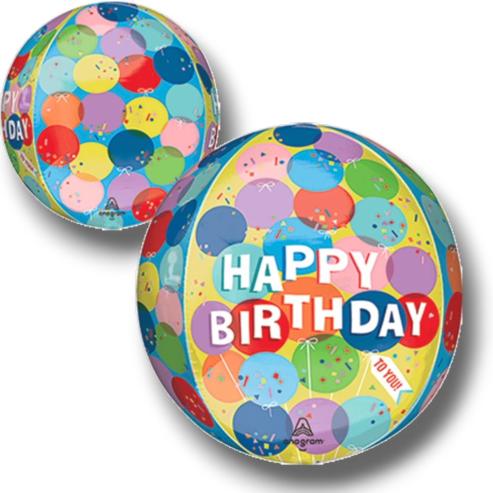 Globo esférico Orbz de PartyStore con diseño de globos coloridos y texto Happy Birthday para fiestas de cumpleaños