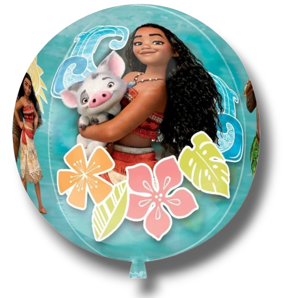 Globo redondo PartyStore Orbz Moana con diseño de Moana y Pua rodeados de flores tropicales sobre fondo azul