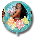 Globo redondo PartyStore Orbz Moana con diseño de Moana y Pua rodeados de flores tropicales sobre fondo azul
