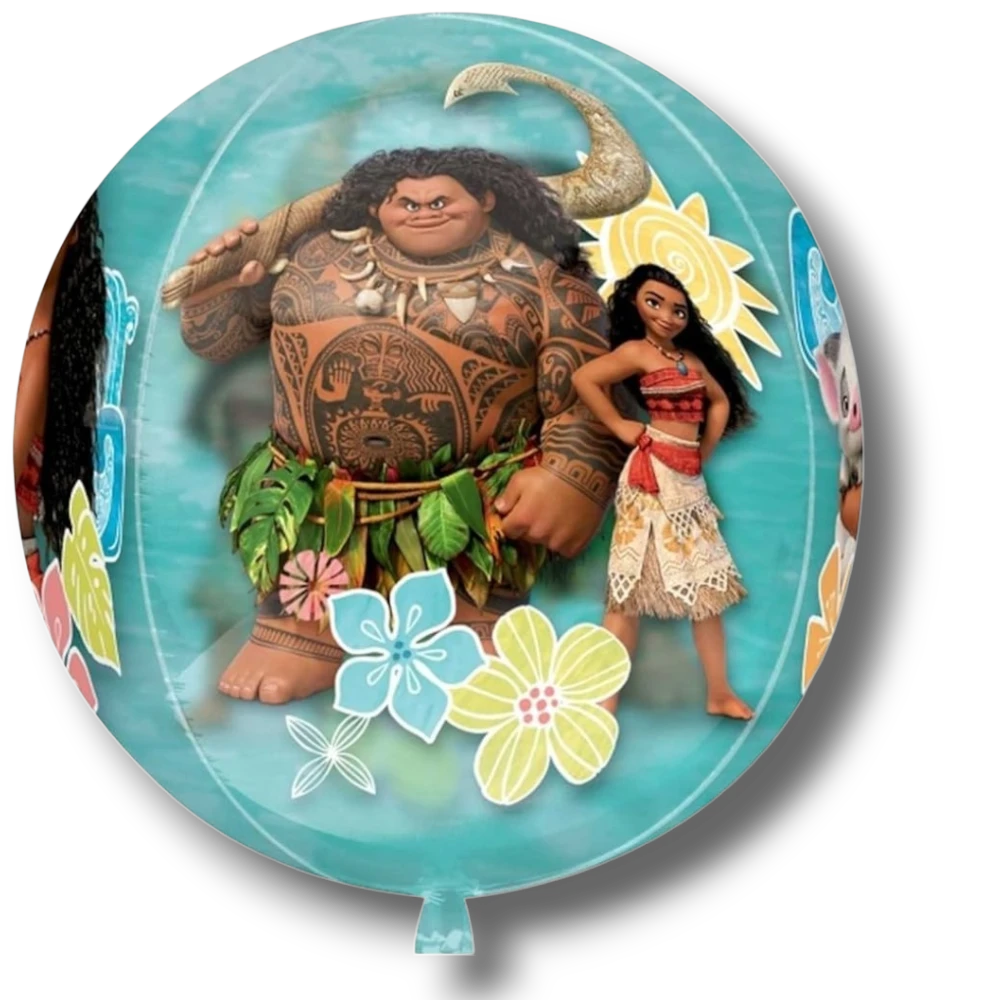 Globo esférico Orbz Moana C/1 de PartyStore con diseño de Maui y Moana decorado con flores tropicales coloridas