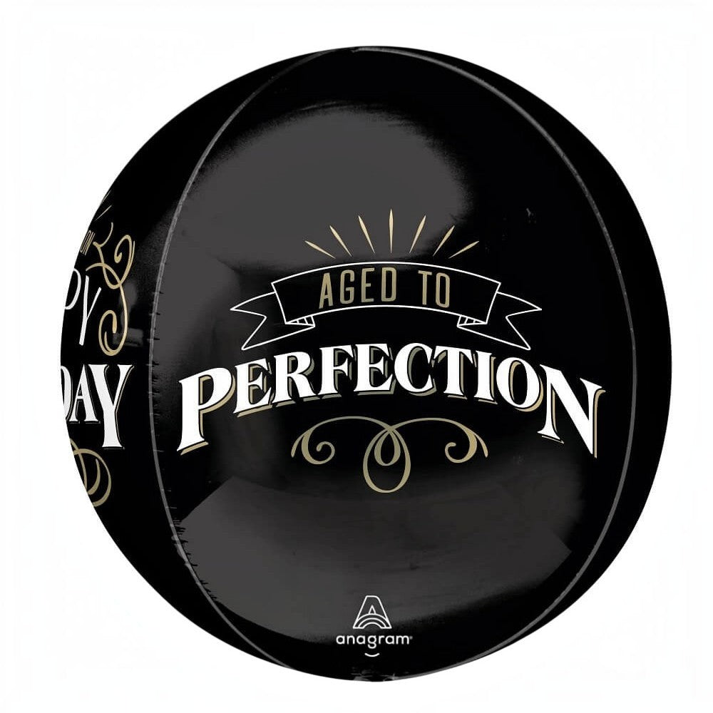 Globo esférico Orbz de PartyStore en color negro con diseño dorado Aged to Perfection para celebraciones de cumpleaños