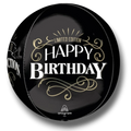 Globo esférico Orbz de PartyStore en color negro con diseño de feliz cumpleaños y detalles dorados