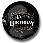 Globo esférico Orbz de PartyStore en color negro con diseño de feliz cumpleaños y detalles dorados