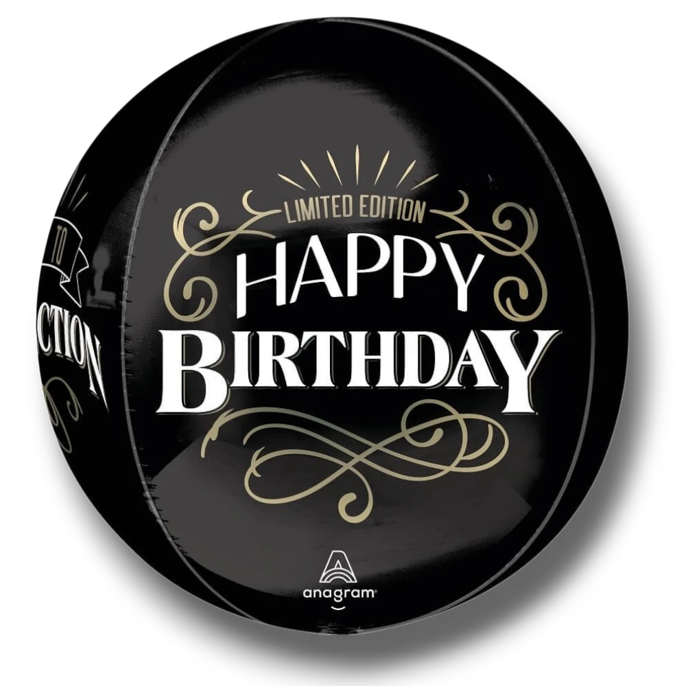 Globo esférico Orbz de PartyStore en color negro con diseño de feliz cumpleaños y detalles dorados