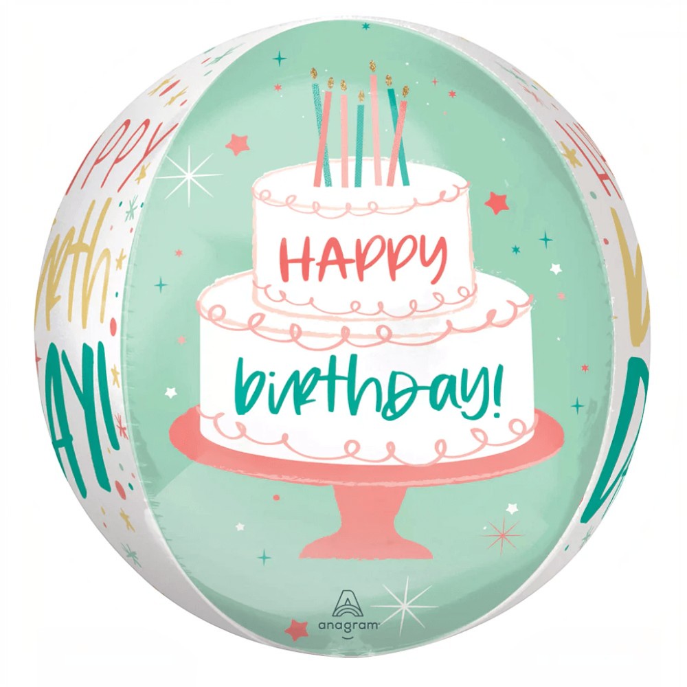 Globo esférico Orbz Happy Cake Day de PartyStore con diseño de pastel de cumpleaños en tonos pastel y estrellas