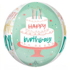 Globo esférico Orbz Happy Cake Day de PartyStore con diseño de pastel de cumpleaños en tonos pastel y estrellas