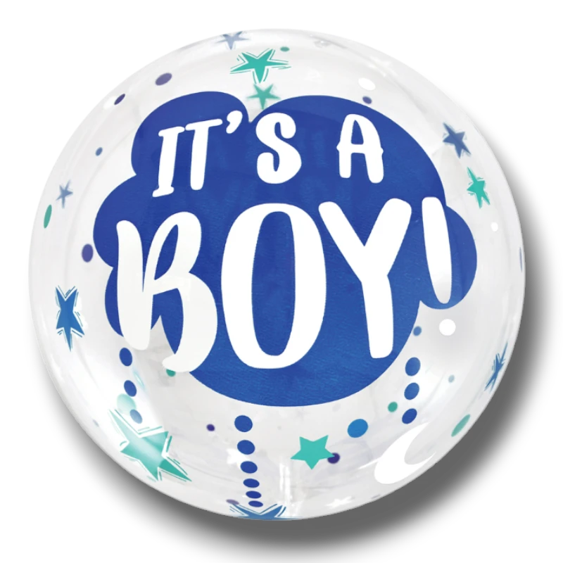 Globo PartyStore Orbz Crystal transparente con diseño de estrellas y texto azul It's a Boy para baby shower