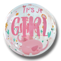 Globo Orbz Crystal transparente de PartyStore con diseño de elefantes rosas y texto It's a Girl para baby shower