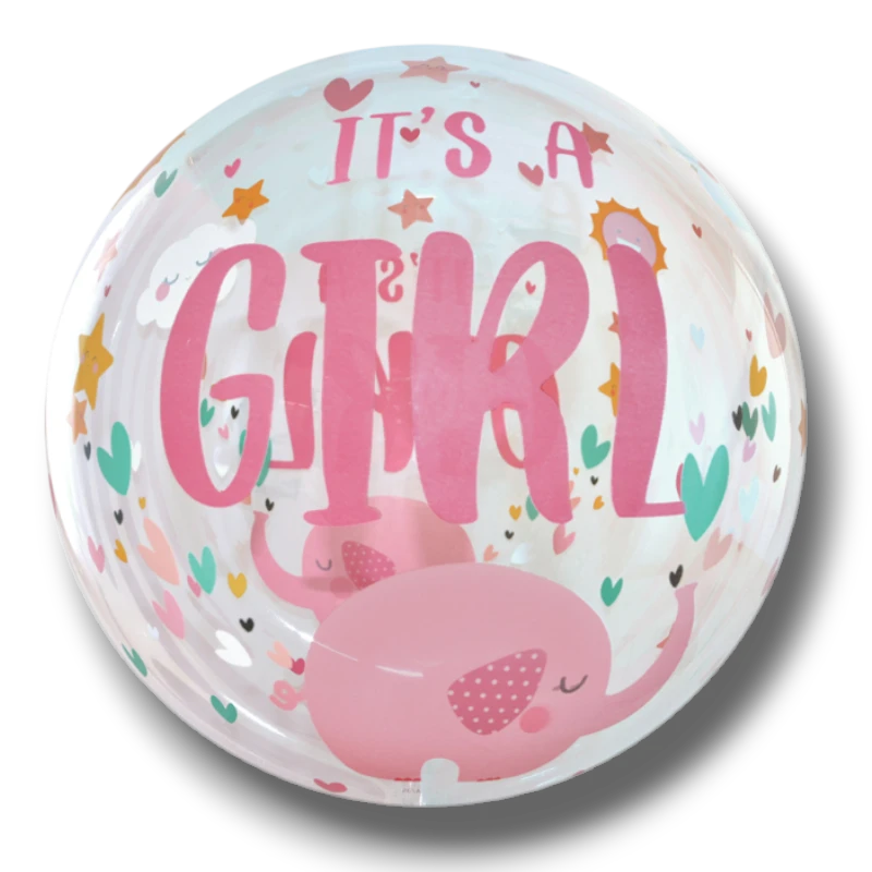 Globo Orbz Crystal transparente de PartyStore con diseño de elefantes rosas y texto It's a Girl para baby shower