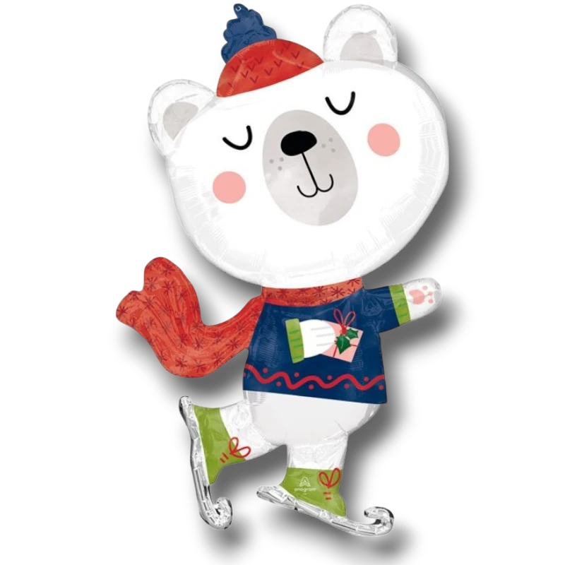 Globo de PartyStore con forma de oso polar patinando, con gorro rojo, suéter azul y bufanda para decoración navideña