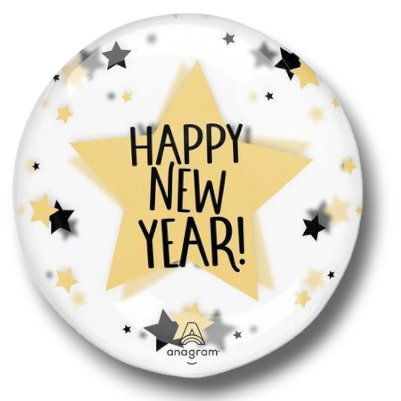 Globo PartyStore Happy New Year transparente con estrellas doradas y negras impresas para decoracion de fiestas