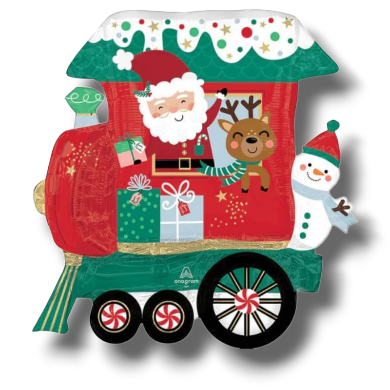 Globo de PartyStore con forma de tren navideño North Pole Express, con Santa, un reno y un muñeco de nieve