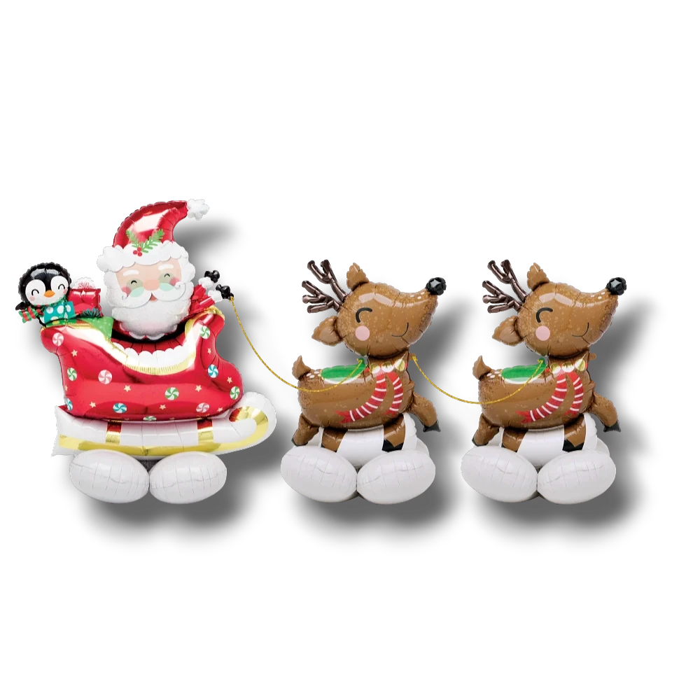 Globo AirLoonz PartyStore de Santa Claus en trineo con dos renos y un pingüino para decoración navideña