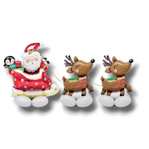 Globo AirLoonz PartyStore de Santa Claus en trineo con dos renos y un pingüino para decoración navideña