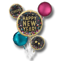 Set de globos PartyStore Happy New Year con diseño de confeti multicolor, tonos dorados, magenta y azul turquesa.
