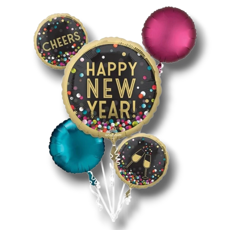 Set de globos PartyStore Happy New Year con diseño de confeti multicolor, tonos dorados, magenta y azul turquesa.