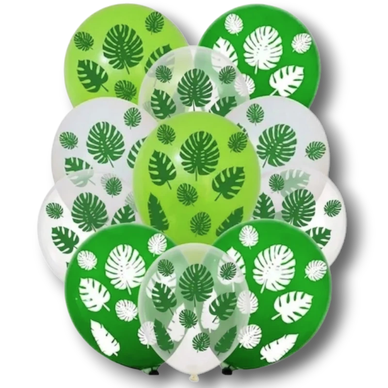 Globos de látex PartyStore de 12 pulgadas con diseño de hojas tropicales en tonos verde y blanco