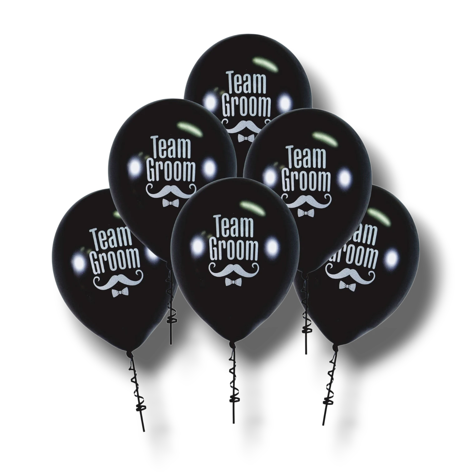 Set de 6 globos negros PartyStore con estampado blanco Team Groom, bigote y pajarita para despedida de soltero