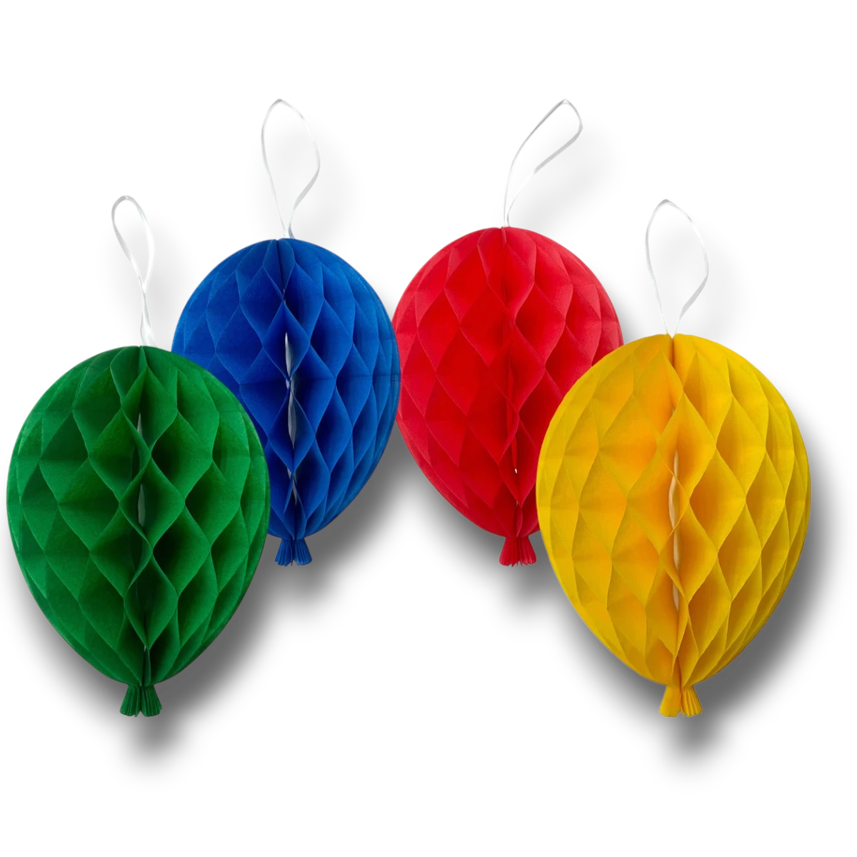 Set de 4 globos decorativos de papel tipo panal en colores verde, azul, rojo y amarillo de PartyStore