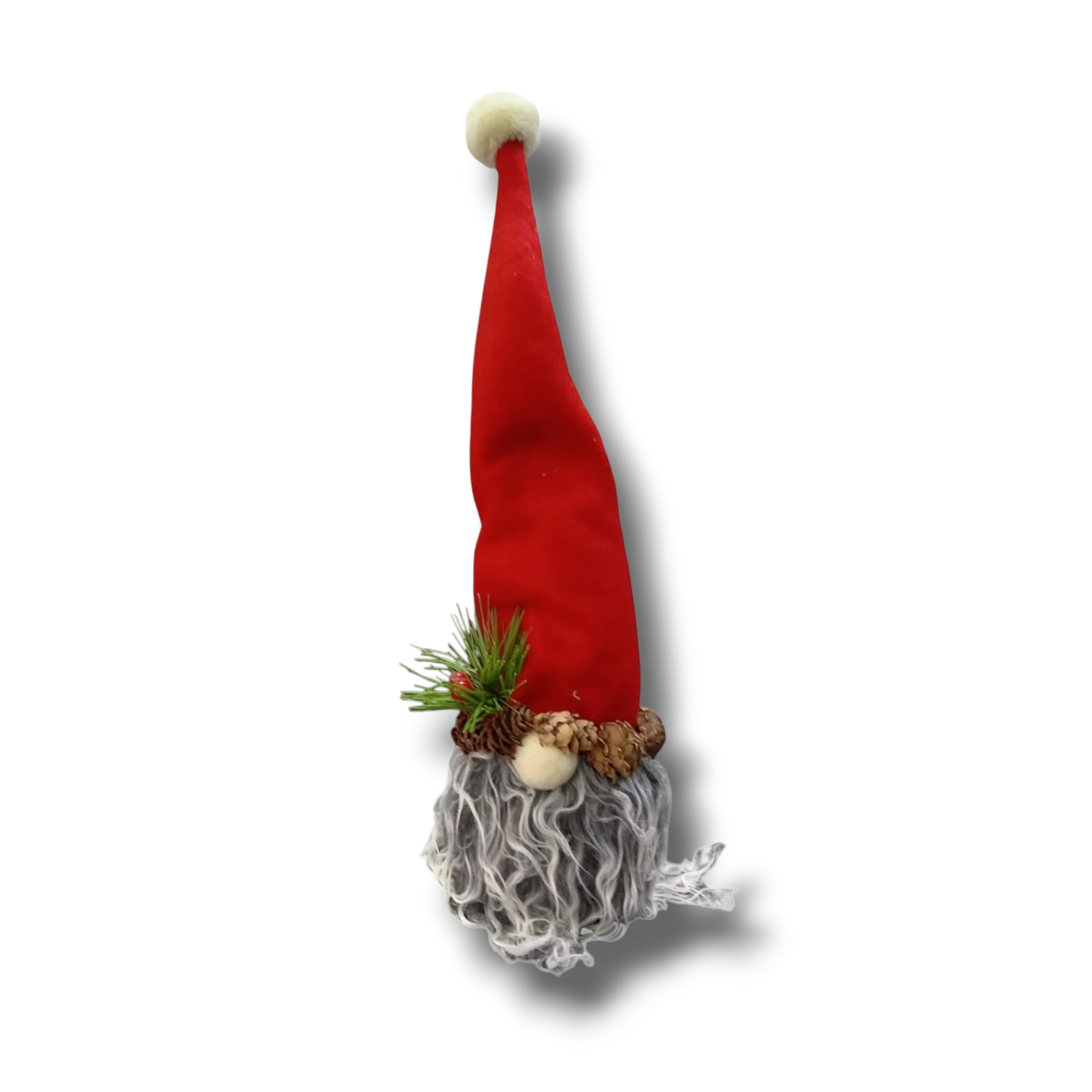 Gnomo decorativo PartyStore con gorro rojo alto, barba gris rizada y detalles de piñas y ramas de pino navideño