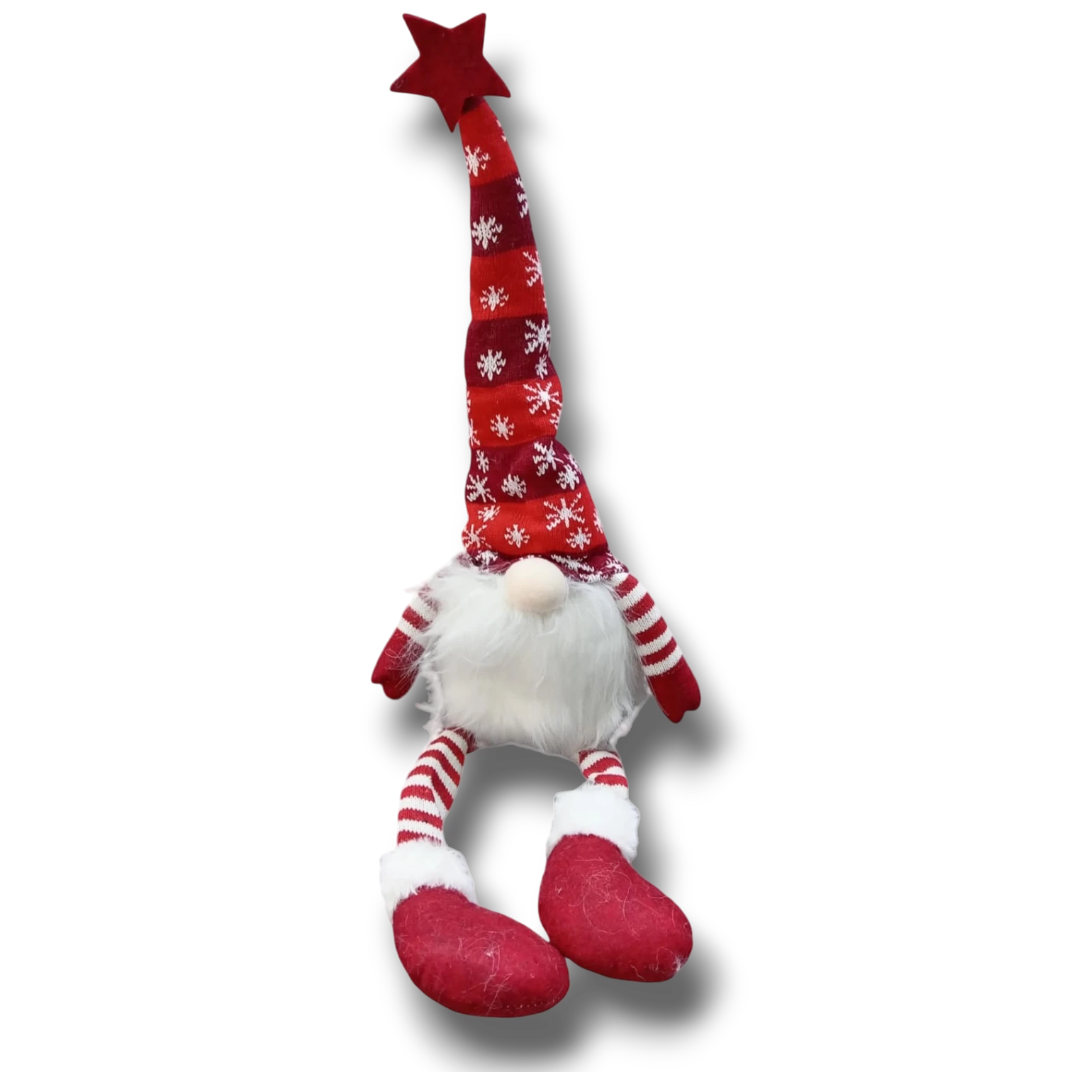 Gnomo navideño PartyStore rojo con gorro largo de copos de nieve, barba blanca y estrella decorativa